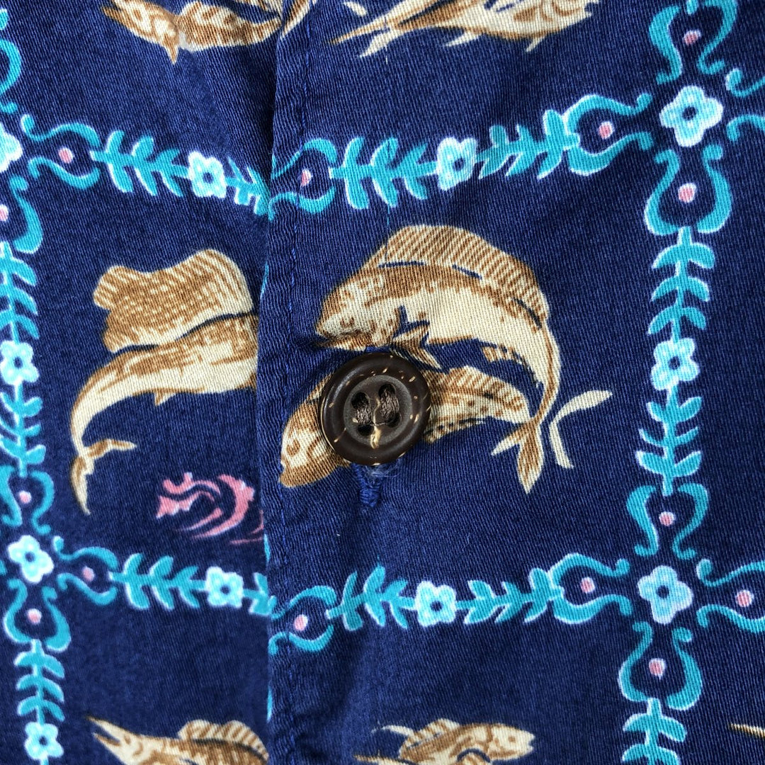 90'S Reyn Spooner Commemorative Classics Fish Print Hawaiian Aloha Shirt, Boxy Shirt, Made in Hawaii, Men's Size L cotton navy blue type Vintage Second Hand