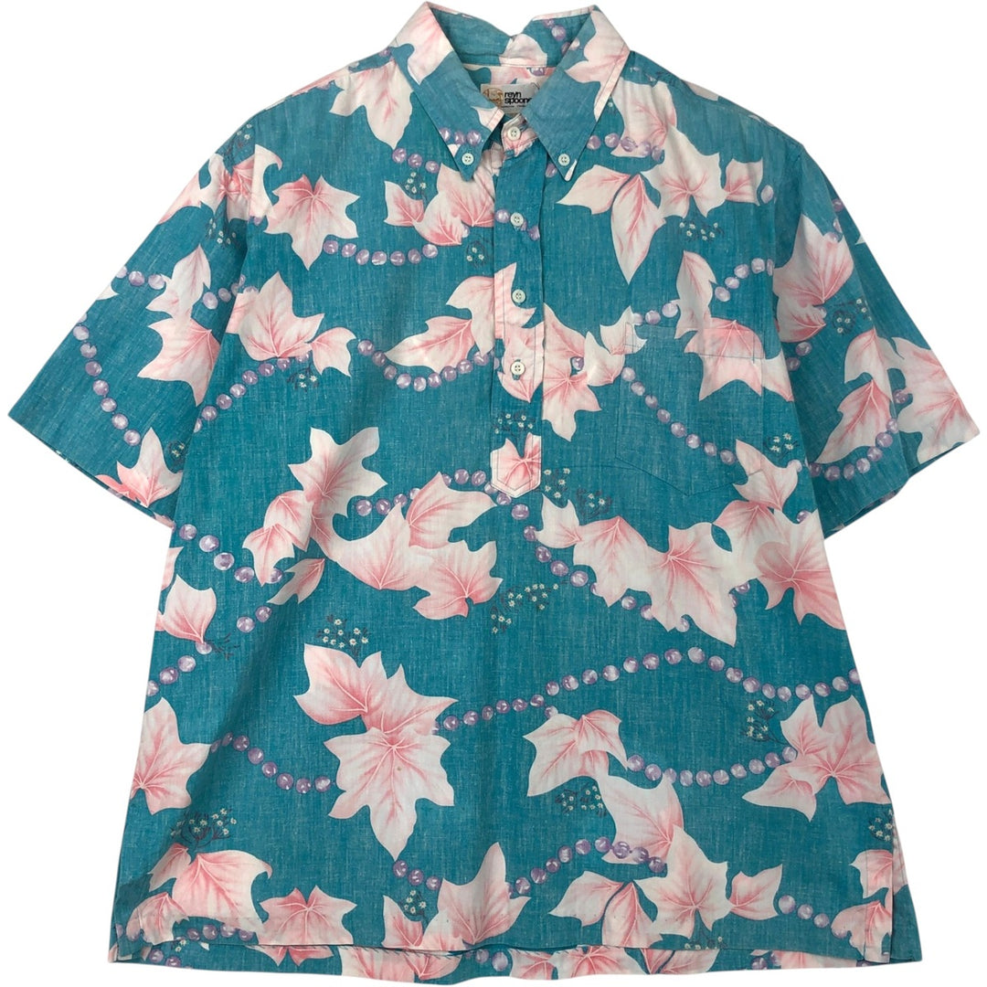 80'S Reyn Spooner nude tag all-over leaf pattern half-button button-down aloha shirt, boxy shirt, men's size XL equivalent. cotton Blue type light blue Vintage Second Hand
