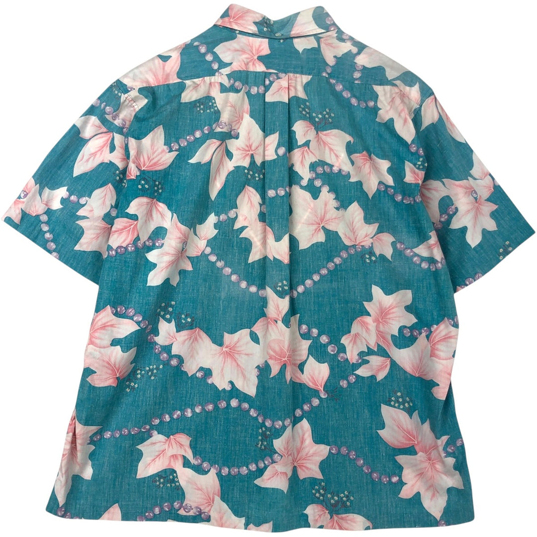 80'S Reyn Spooner nude tag all-over leaf pattern half-button button-down aloha shirt, boxy shirt, men's size XL equivalent. cotton Blue type light blue Vintage Second Hand
