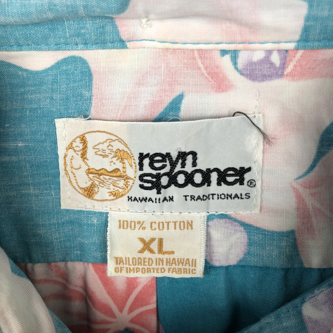 80'S Reyn Spooner nude tag all-over leaf pattern half-button button-down aloha shirt, boxy shirt, men's size XL equivalent. cotton Blue type light blue Vintage Second Hand