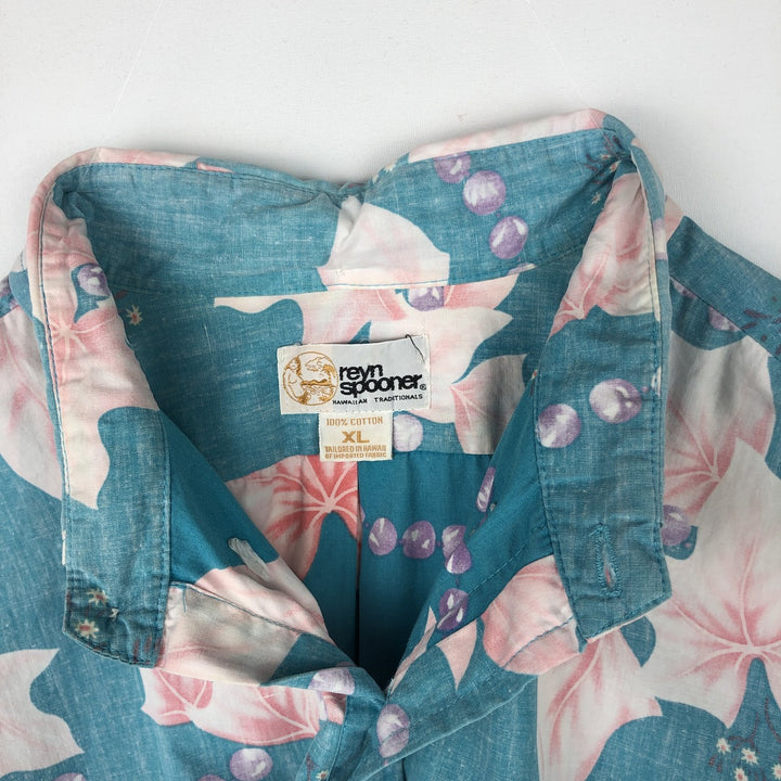 80'S Reyn Spooner nude tag all-over leaf pattern half-button button-down aloha shirt, boxy shirt, men's size XL equivalent. cotton Blue type light blue Vintage Second Hand