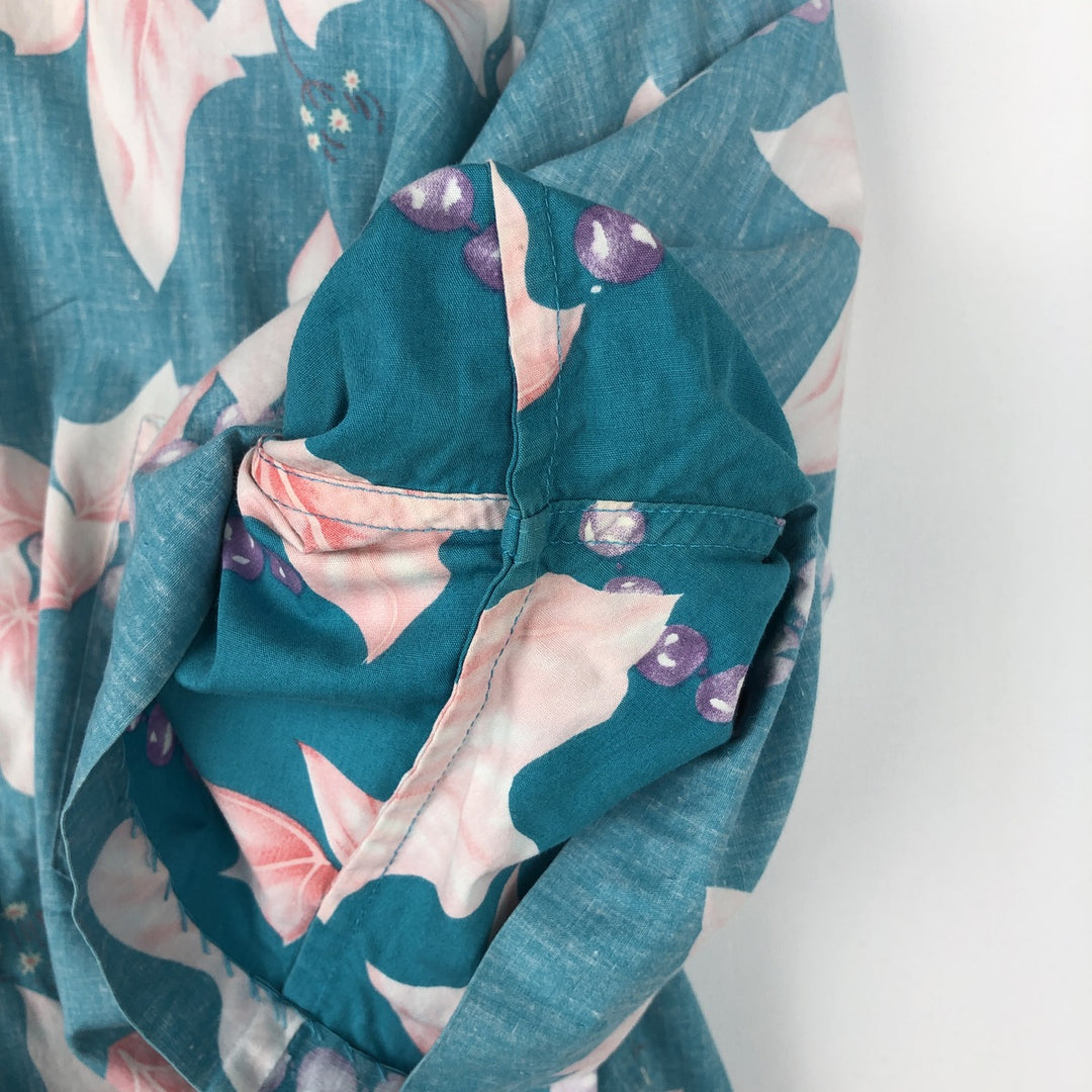 80'S Reyn Spooner nude tag all-over leaf pattern half-button button-down aloha shirt, boxy shirt, men's size XL equivalent. cotton Blue type light blue Vintage Second Hand