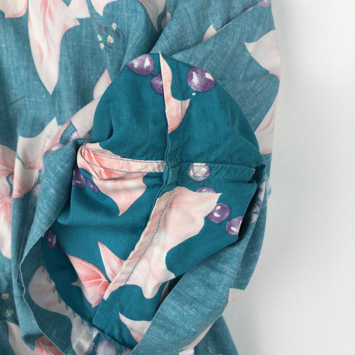 80'S Reyn Spooner nude tag all-over leaf pattern half-button button-down aloha shirt, boxy shirt, men's size XL equivalent. cotton Blue type light blue Vintage Second Hand