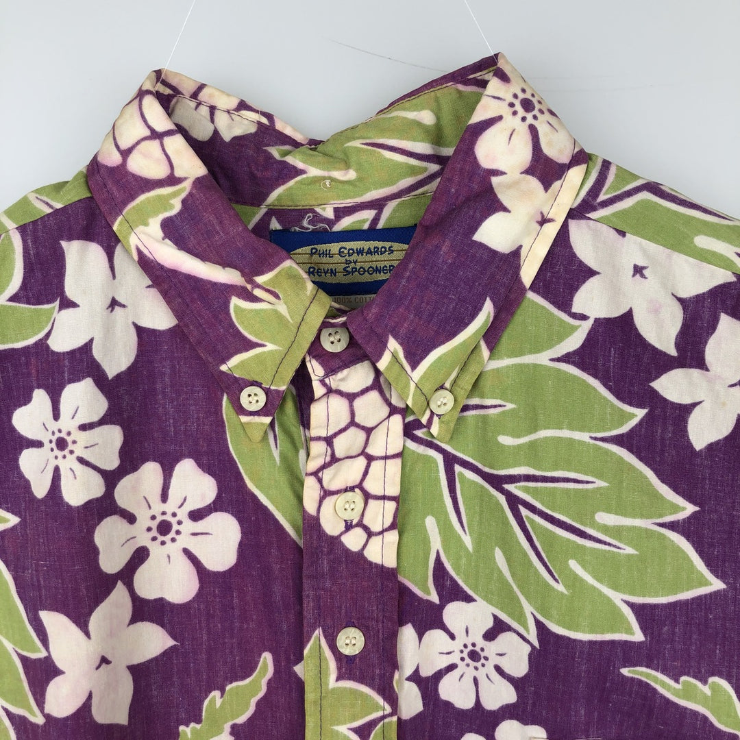 Reyn Spooner Phil Edwards Botanical Pattern Half-Button Button-Down Aloha Shirt, Boxy Shirt, Men's Size M (approx.) cotton purple type Vintage Second Hand
