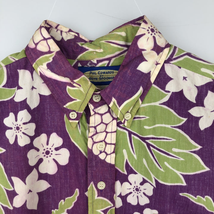 Reyn Spooner Phil Edwards Botanical Pattern Half-Button Button-Down Aloha Shirt, Boxy Shirt, Men's Size M (approx.) cotton purple type Vintage Second Hand