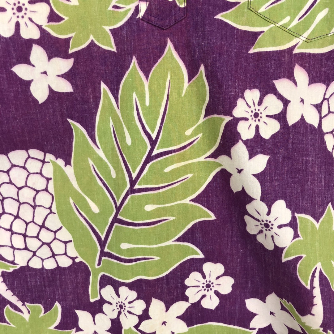 Reyn Spooner Phil Edwards Botanical Pattern Half-Button Button-Down Aloha Shirt, Boxy Shirt, Men's Size M (approx.) cotton purple type Vintage Second Hand