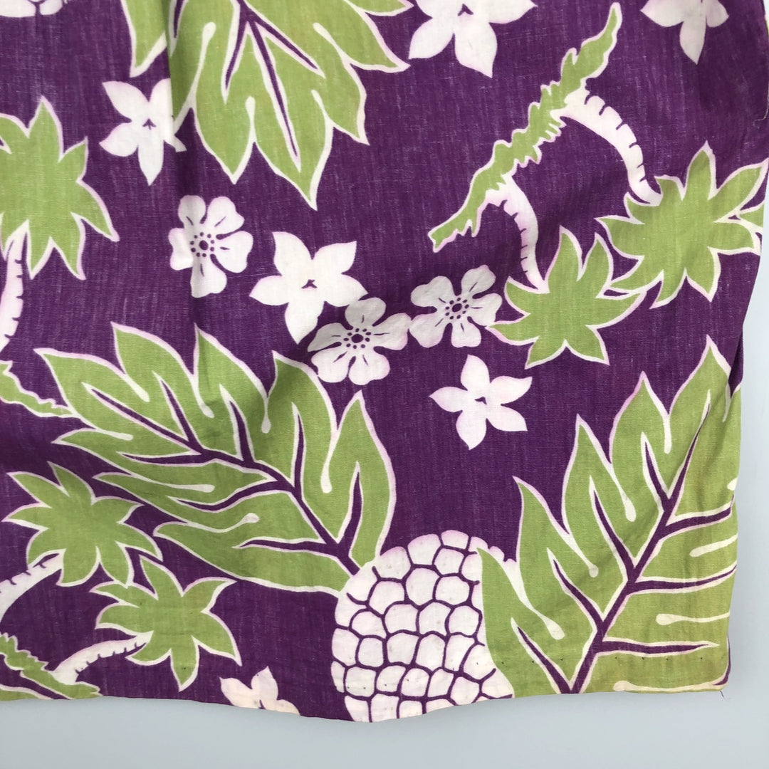 Reyn Spooner Phil Edwards Botanical Pattern Half-Button Button-Down Aloha Shirt, Boxy Shirt, Men's Size M (approx.) cotton purple type Vintage Second Hand