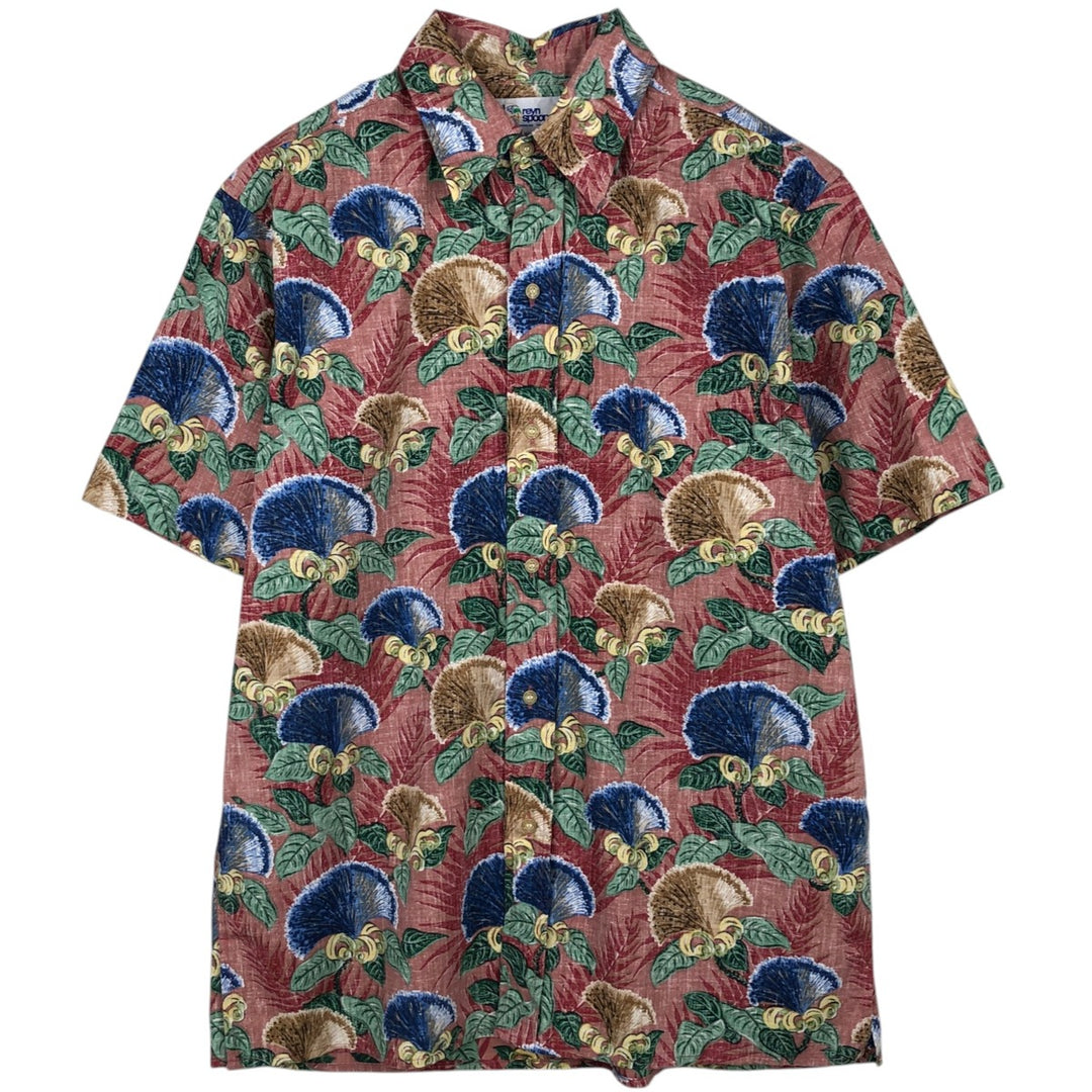 90'S Reyn Spooner Swimsuit Bikini Tag Botanical Pattern Hawaiian Aloha Shirt Box Shirt Made in Hawaii Men's Size M cotton red type Vintage Second Hand