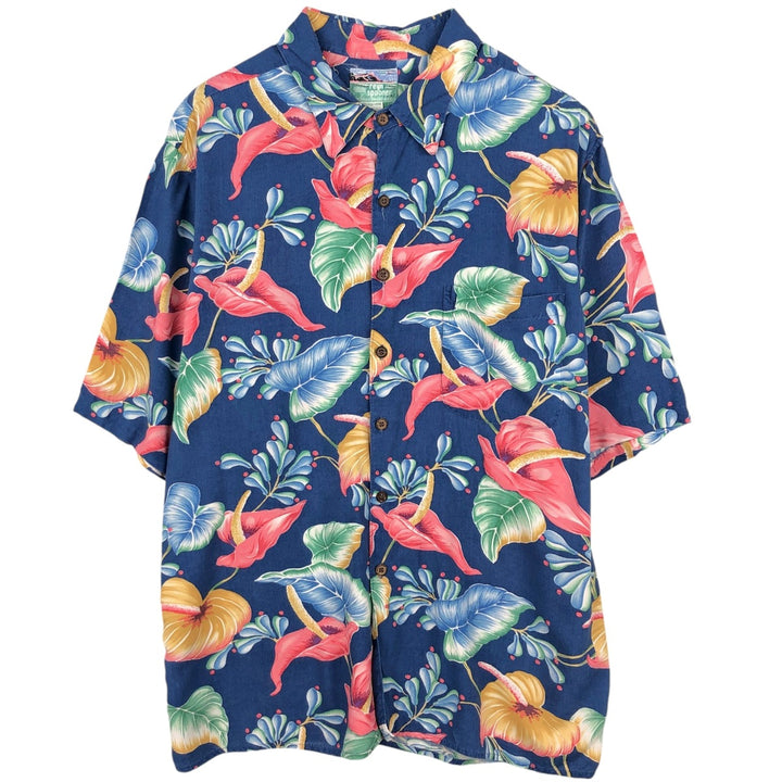 80s-90'S Reyn Spooner Diamond Head Tag Leaf Pattern Rayon Aloha Shirt, Boxy Shirt, Men's XL (approx.) Rayon blue type Vintage Second Hand