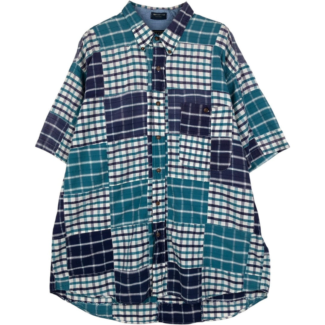1980'S Ralph Lauren CHAPS Patchwork Short-Sleeve Button-Down Check Shirt, Men's Size XL (Equivalent), Vintage cotton purple type Vintage Second Hand