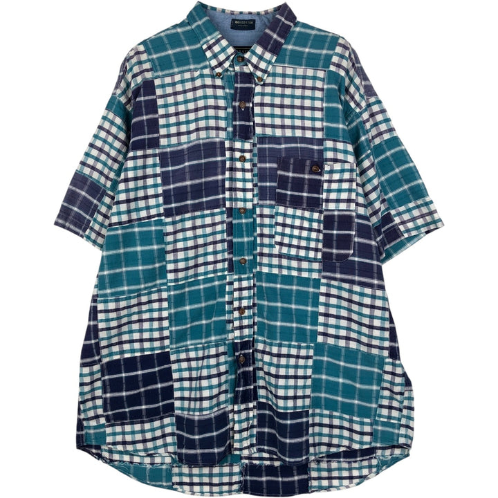 1980'S Ralph Lauren CHAPS Patchwork Short-Sleeve Button-Down Check Shirt, Men's Size XL (Equivalent), Vintage cotton purple type Vintage Second Hand