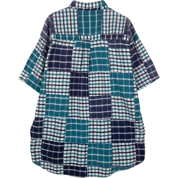 1980'S Ralph Lauren CHAPS Patchwork Short-Sleeve Button-Down Check Shirt, Men's Size XL (Equivalent), Vintage cotton purple type Vintage Second Hand