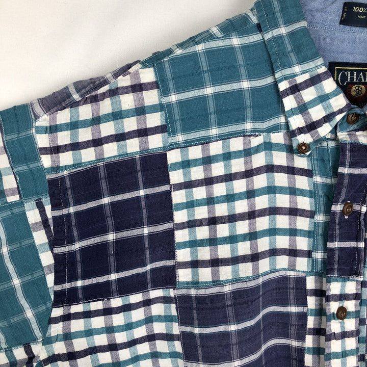 1980'S Ralph Lauren CHAPS Patchwork Short-Sleeve Button-Down Check Shirt, Men's Size XL (Equivalent), Vintage cotton purple type Vintage Second Hand