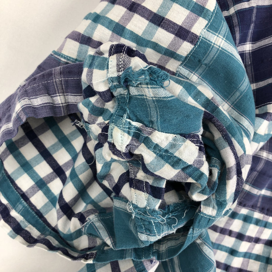 1980'S Ralph Lauren CHAPS Patchwork Short-Sleeve Button-Down Check Shirt, Men's Size XL (Equivalent), Vintage cotton purple type Vintage Second Hand