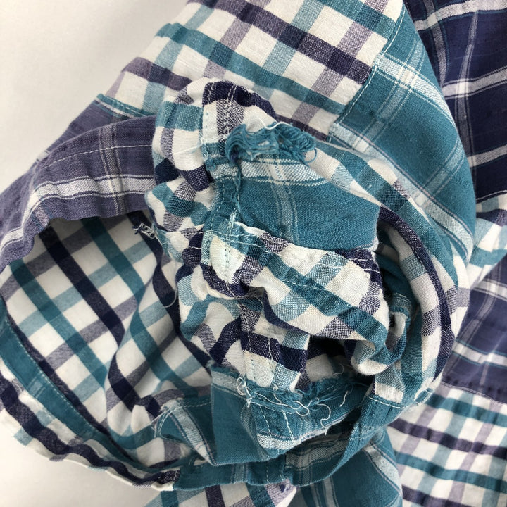 1980'S Ralph Lauren CHAPS Patchwork Short-Sleeve Button-Down Check Shirt, Men's Size XL (Equivalent), Vintage cotton purple type Vintage Second Hand
