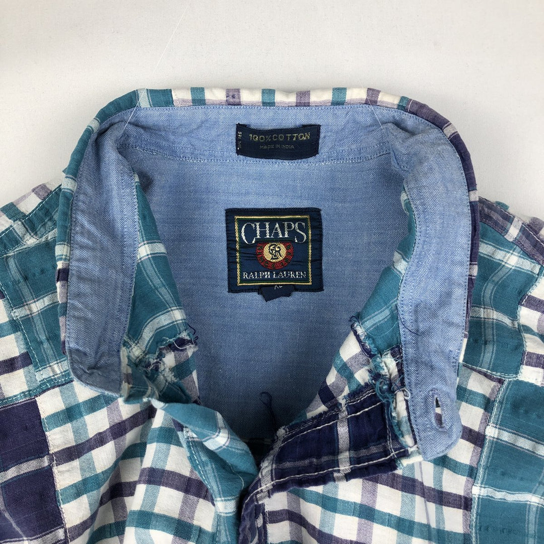 1980'S Ralph Lauren CHAPS Patchwork Short-Sleeve Button-Down Check Shirt, Men's Size XL (Equivalent), Vintage cotton purple type Vintage Second Hand