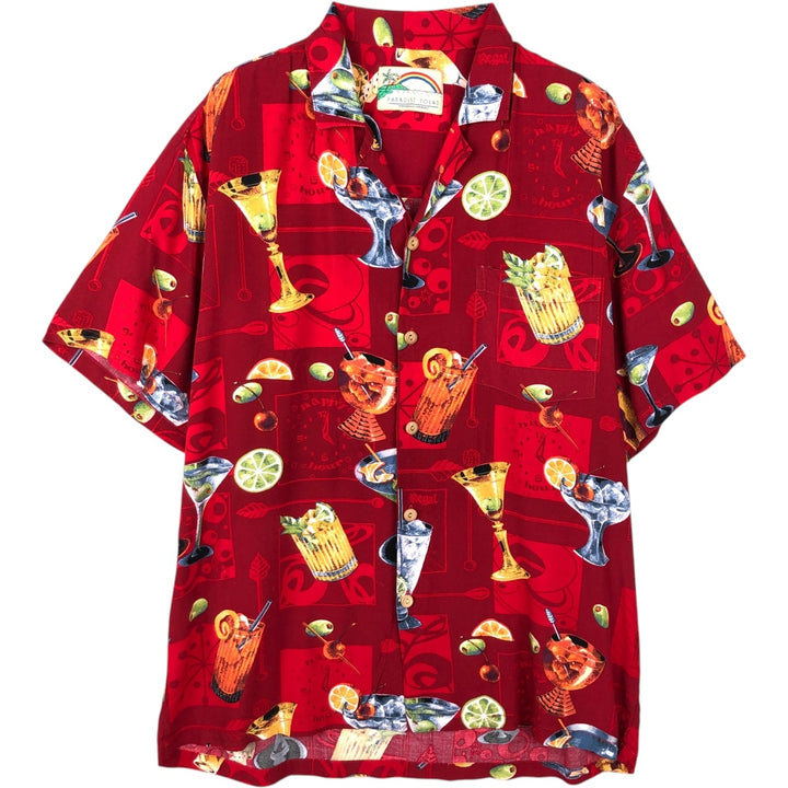 PARADISE FOUND All-over print open-collar Hawaiian Aloha shirt, men's size M equivalent. unclear red type Vintage Second Hand