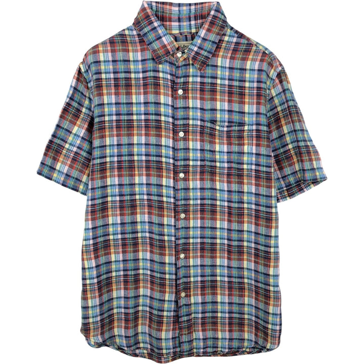 90s-00'S LLBean Check Pattern Short-Sleeve Linen Shirt, Men's Size L (approx.), Vintage linen blue type Vintage Second Hand