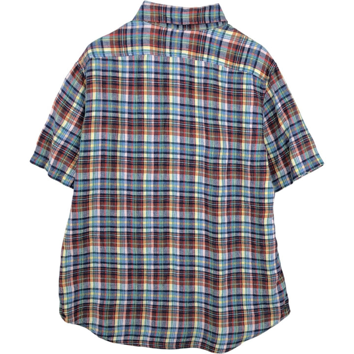 90s-00'S LLBean Check Pattern Short-Sleeve Linen Shirt, Men's Size L (approx.), Vintage linen blue type Vintage Second Hand