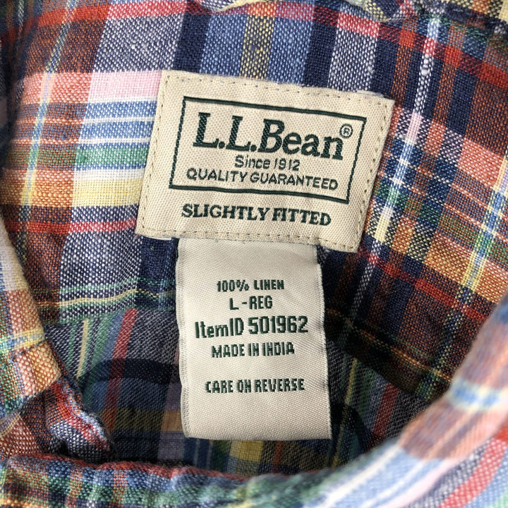 90s-00'S LLBean Check Pattern Short-Sleeve Linen Shirt, Men's Size L (approx.), Vintage linen blue type Vintage Second Hand