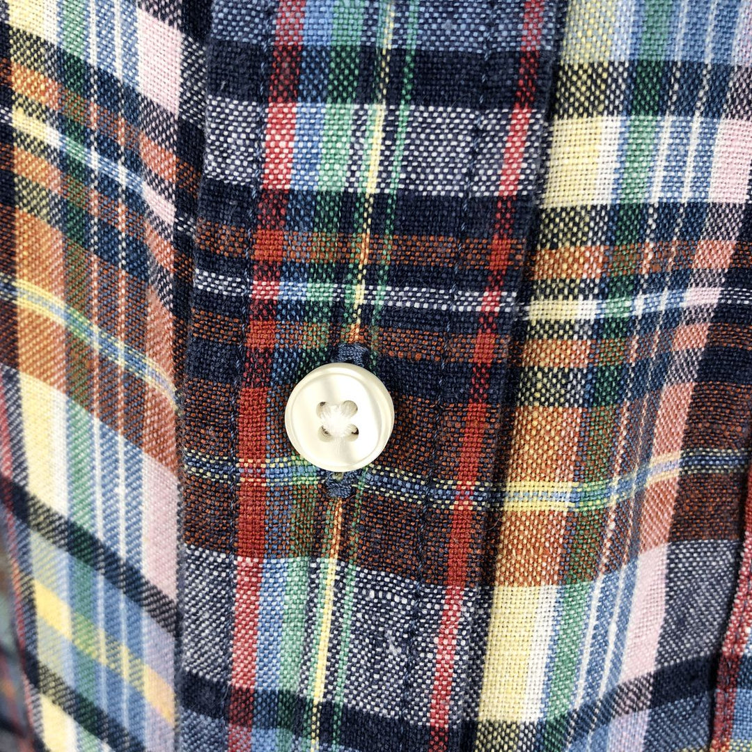 90s-00'S LLBean Check Pattern Short-Sleeve Linen Shirt, Men's Size L (approx.), Vintage linen blue type Vintage Second Hand
