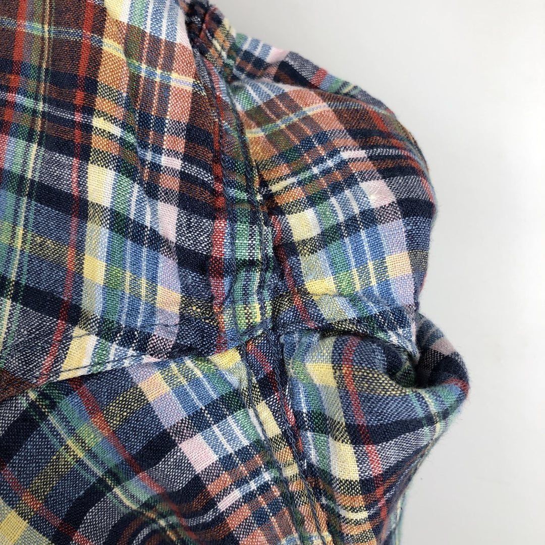 90s-00'S LLBean Check Pattern Short-Sleeve Linen Shirt, Men's Size L (approx.), Vintage linen blue type Vintage Second Hand
