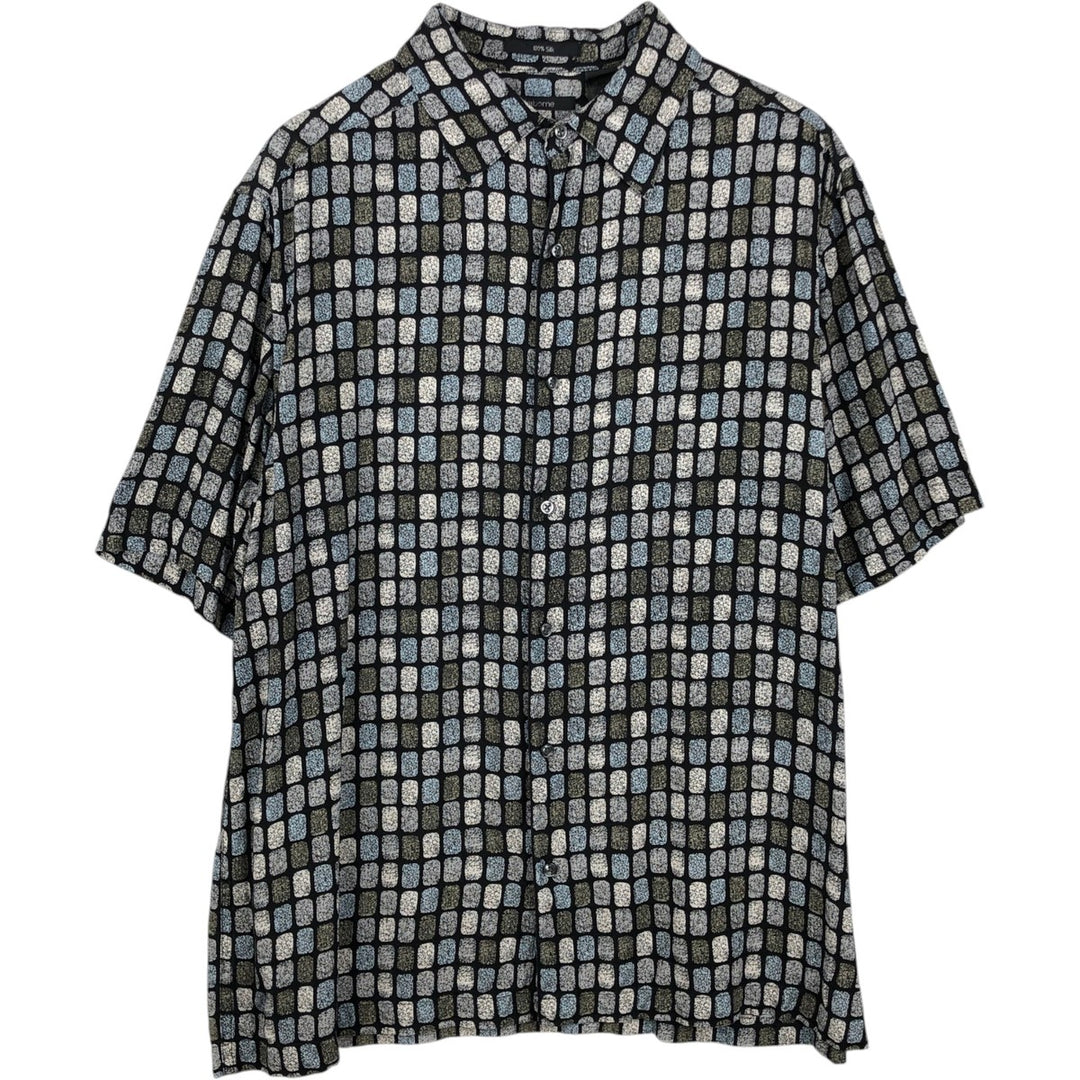 Liz Claiborne, all-over print, short-sleeved silk shirt, boxy style, men's size L. silk black type Vintage Second Hand