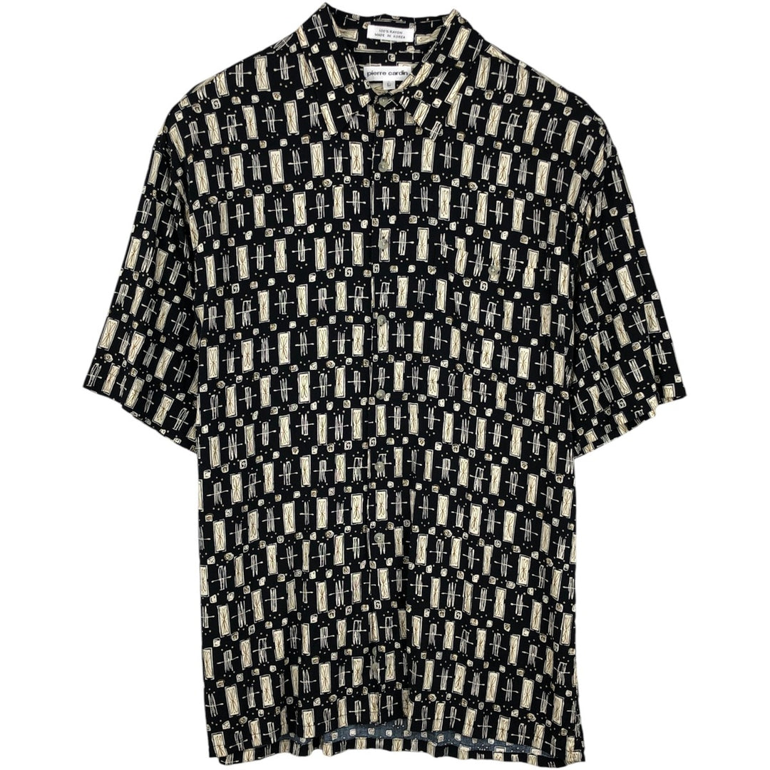 Pierre Cardin all-over print short-sleeved rayon shirt, boxy fit, men's size L. Rayon black type Vintage Second Hand