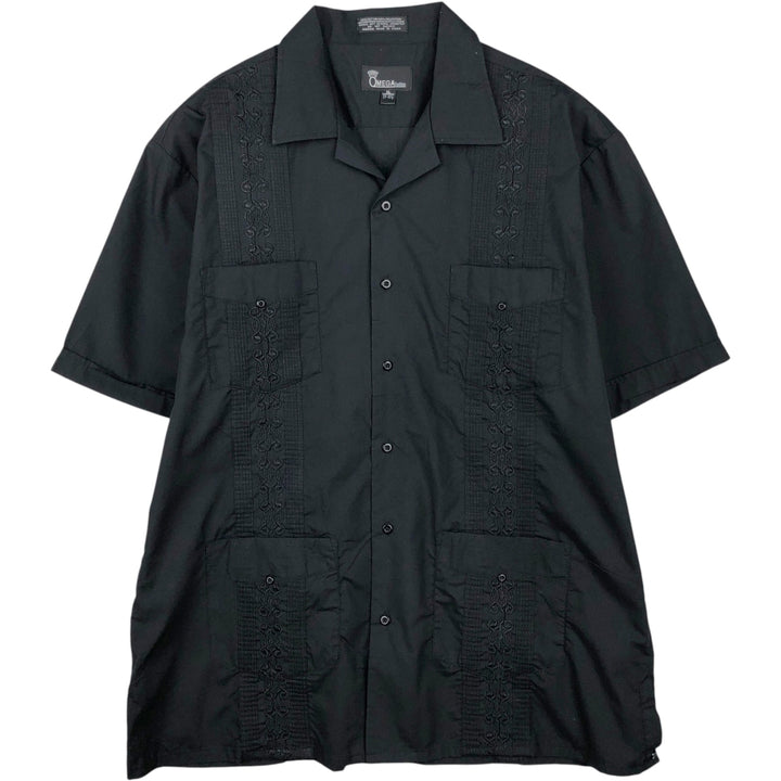 OMEGA fashion Short-sleeved open-collar Mexican shirt, Cuban shirt, boxy shirt, men's size XL. cotton black type Vintage Second Hand