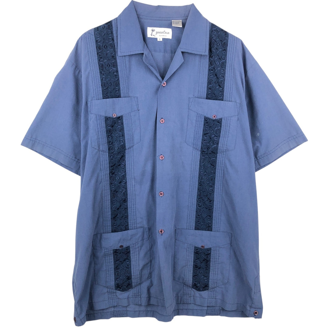 90'S Yuceteca Short-Sleeve Open-Collar Mexican Shirt / Cuban Shirt / Boxy Shirt / Men's XL Equivalent / Vintage polyester Navy blue Vintage Second Hand