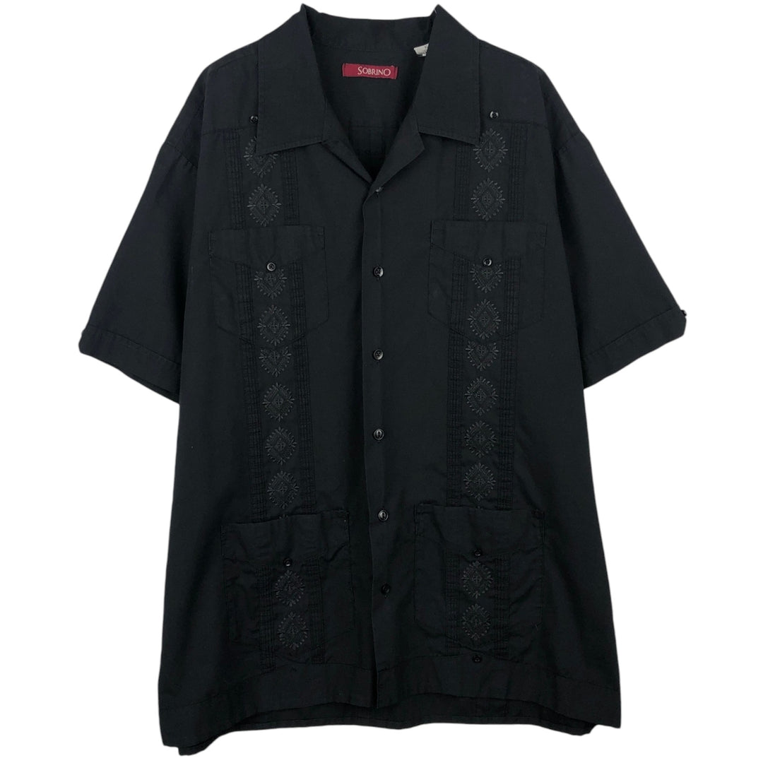 SOBRINO Short-Sleeve Open-Collar Mexican Shirt, Cuban Shirt, Boxy Shirt, Men's Size XL polyester black type Vintage Second Hand