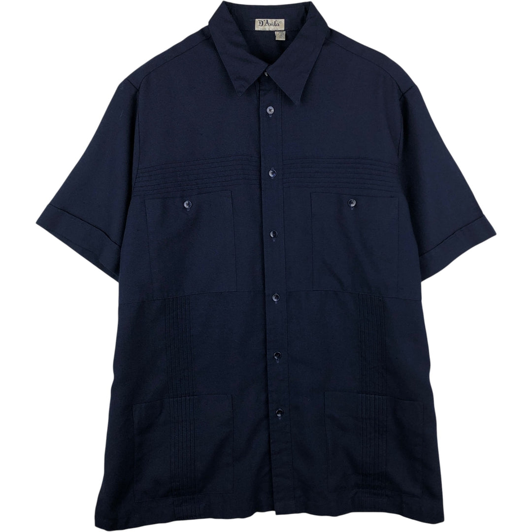 1970'S D'Avila Short-Sleeve Mexican Shirt, Cuban Shirt, Boxy Shirt, Made in USA, Men's XL Equivalent, Vintage unclear navy blue type Vintage Second Hand