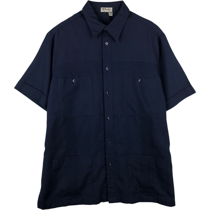 1970'S D'Avila Short-Sleeve Mexican Shirt, Cuban Shirt, Boxy Shirt, Made in USA, Men's XL Equivalent, Vintage unclear navy blue type Vintage Second Hand