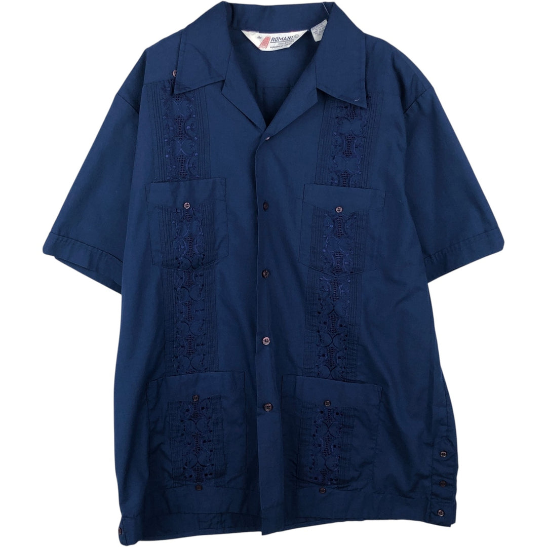 80s-90'S ROMANI Short-Sleeve Open-Collar Mexican Shirt/Cuban Shirt/Box Shirt, Men's Size L (approx.) polyester blue type Vintage Second Hand