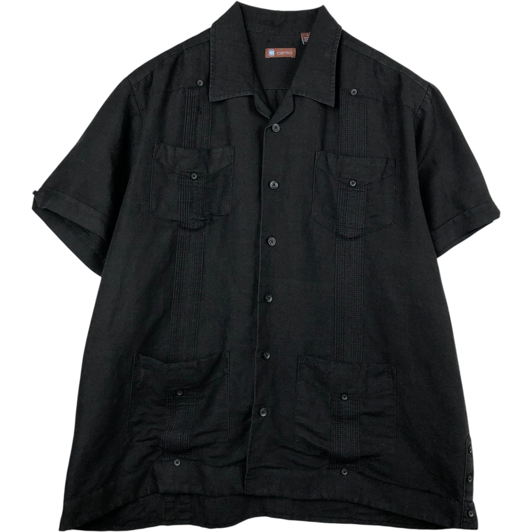Centro Ramie x Rayon Short-Sleeve Open Collar Mexican Shirt Cuban Shirt Box Shirt Men's Size L Lamy black type Vintage Second Hand