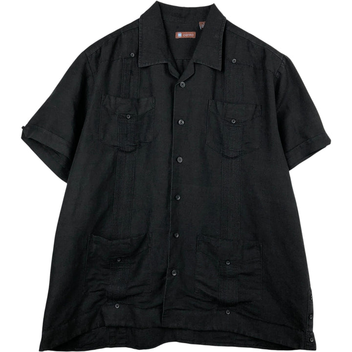 Centro Ramie x Rayon Short-Sleeve Open Collar Mexican Shirt Cuban Shirt Box Shirt Men's Size L Lamy black type Vintage Second Hand