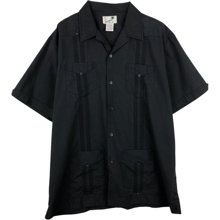 Havana Short-Sleeve Open-Collar Mexican Shirt, Cuban Shirt, Boxy Shirt, Men's Size XL polyester black type Vintage Second Hand