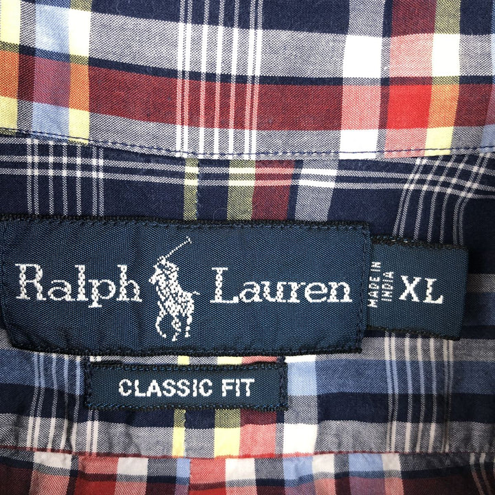 Ralph Lauren Classic Fit short sleeve button down check shirt, men's size XL cotton navy blue type Vintage Second Hand