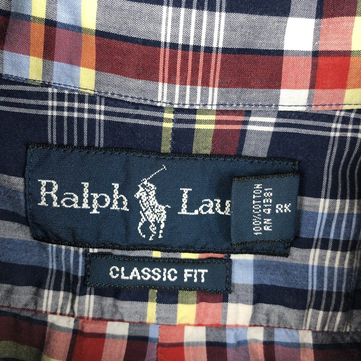 Ralph Lauren Classic Fit short sleeve button down check shirt, men's size XL cotton navy blue type Vintage Second Hand