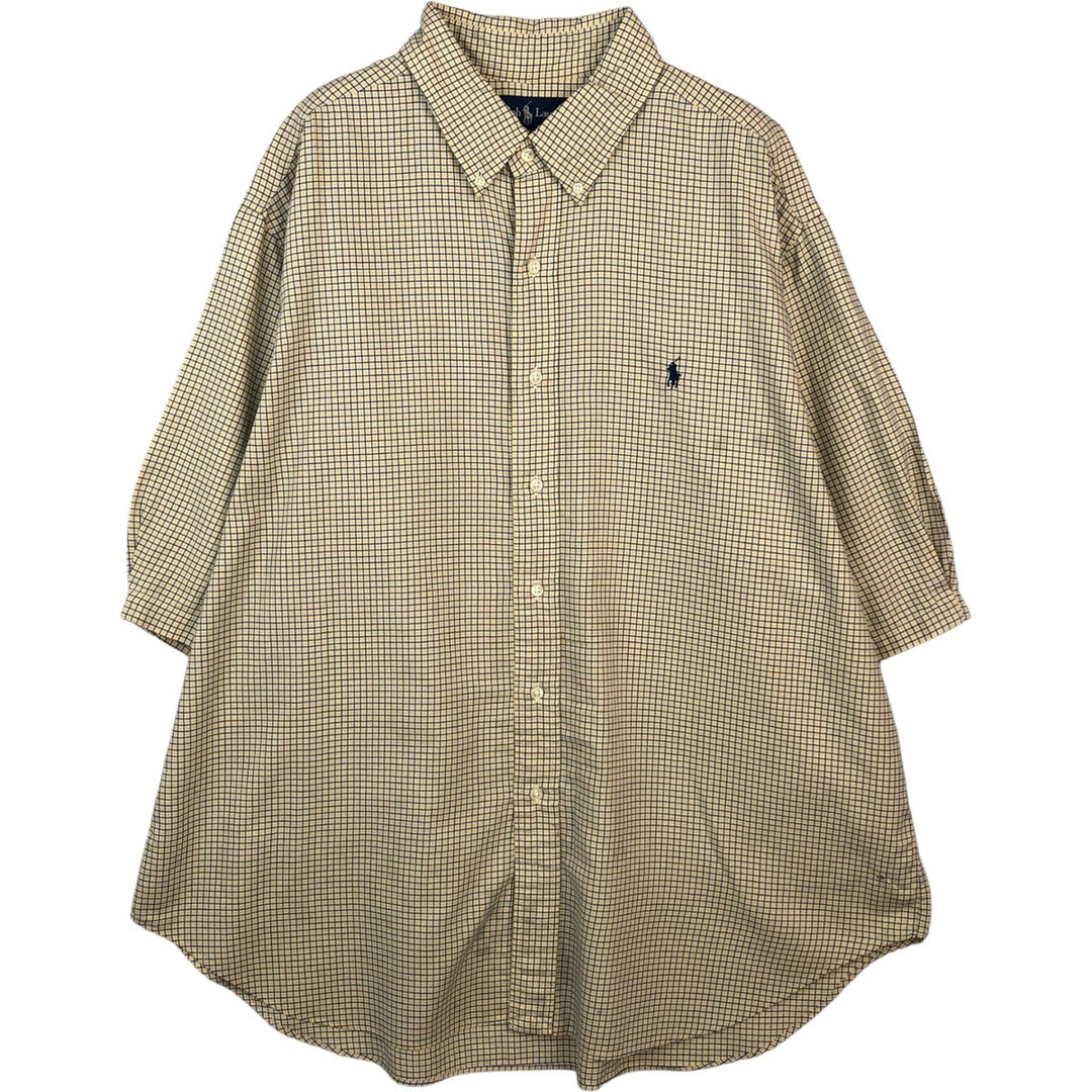 Ralph Lauren CLASSIC FIT Short-Sleeve Button-Down Check Shirt, Made in Sri Lanka, Men's Size XXL (approx.) cotton yellow type Vintage Second Hand
