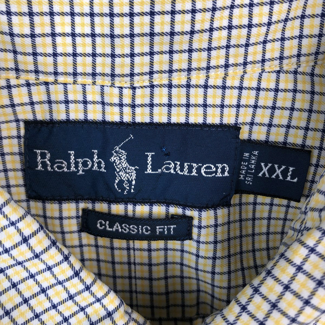 Ralph Lauren CLASSIC FIT Short-Sleeve Button-Down Check Shirt, Made in Sri Lanka, Men's Size XXL (approx.) cotton yellow type Vintage Second Hand