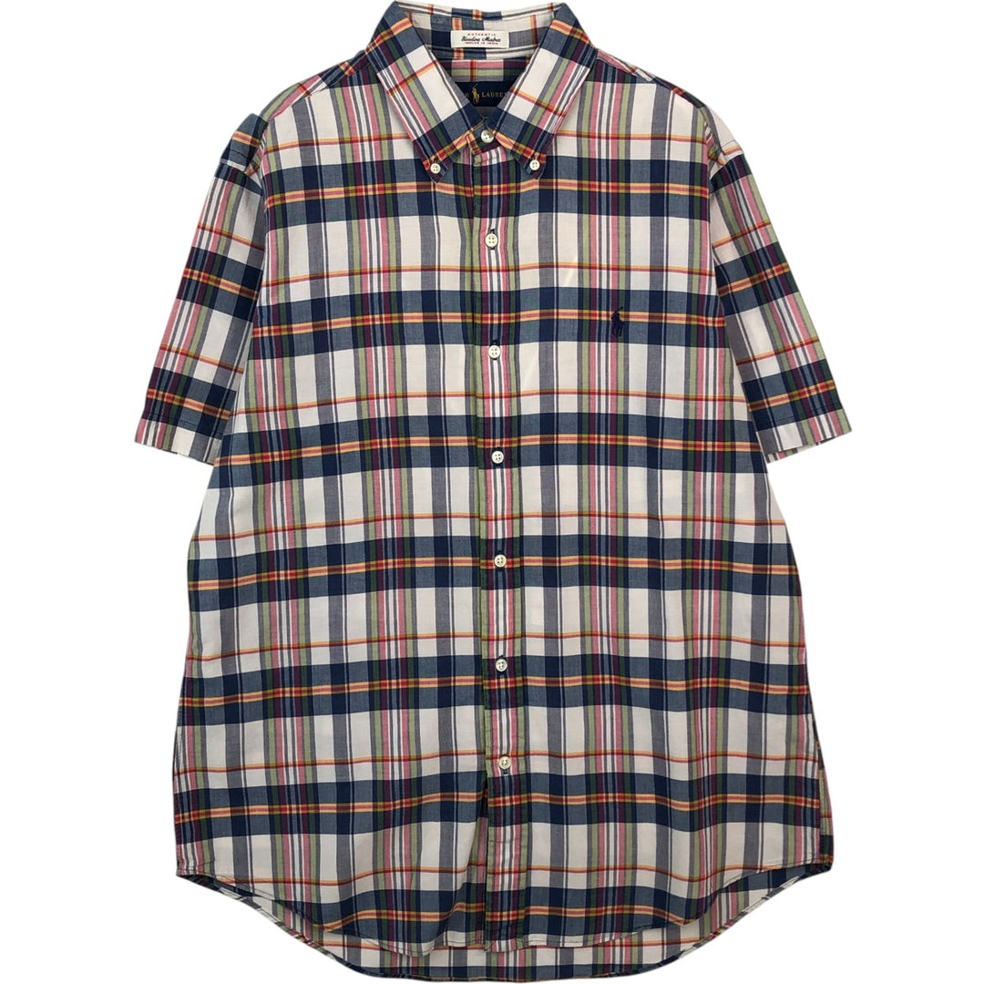 Ralph Lauren Madras check short-sleeved button-down check shirt, men's size L (approx.) cotton navy blue type Vintage Second Hand