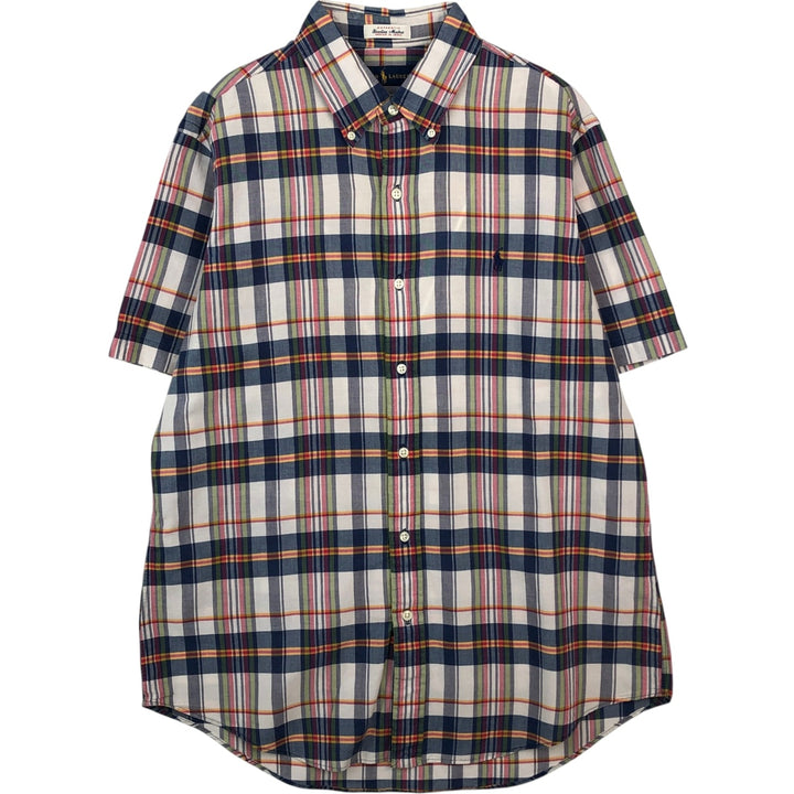 Ralph Lauren Madras check short-sleeved button-down check shirt, men's size L (approx.) cotton navy blue type Vintage Second Hand