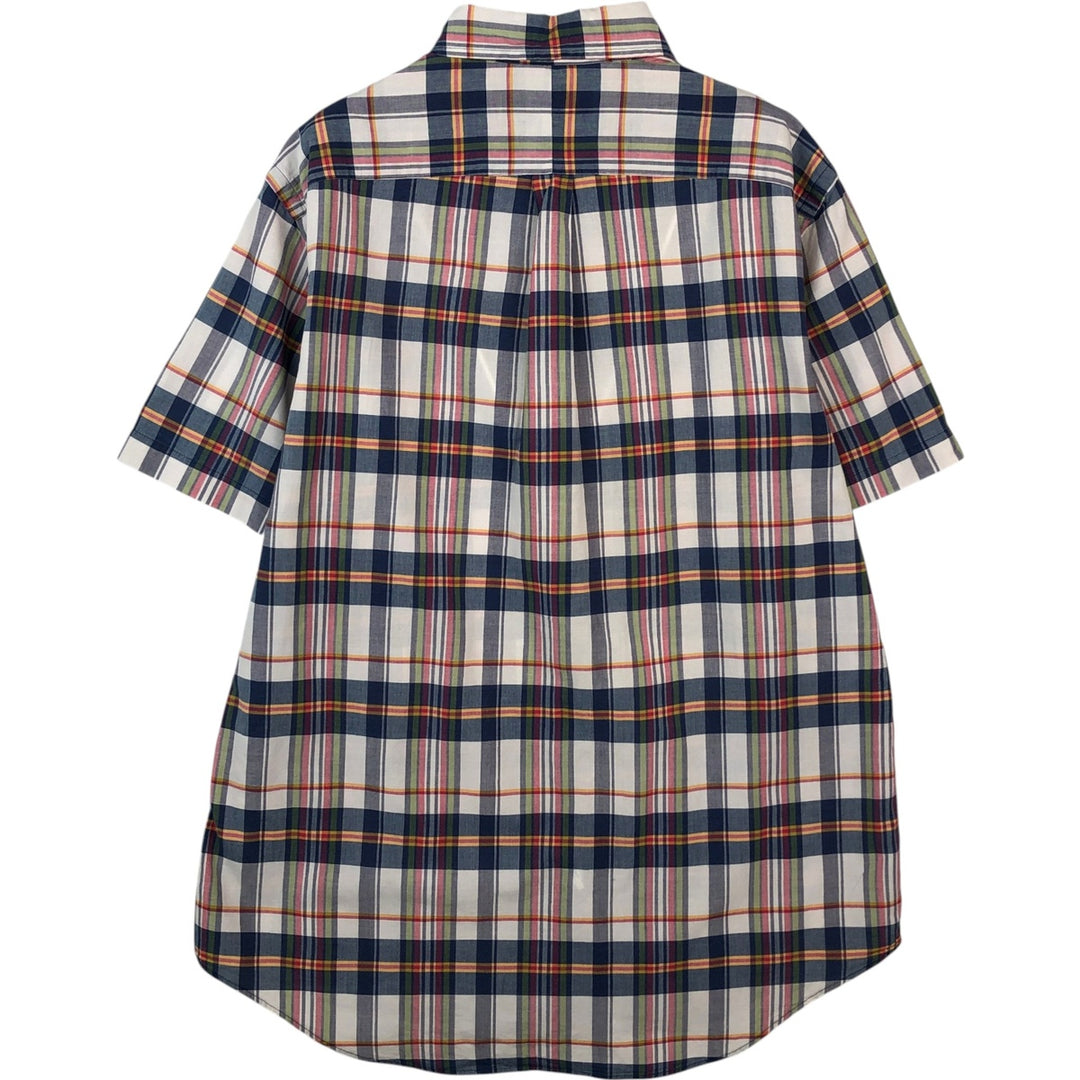 Ralph Lauren Madras check short-sleeved button-down check shirt, men's size L (approx.) cotton navy blue type Vintage Second Hand