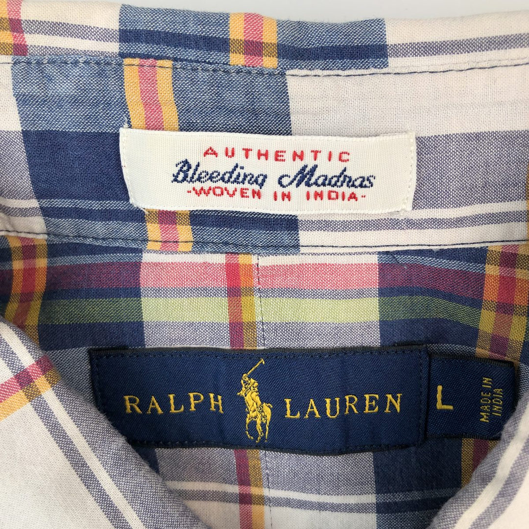 Ralph Lauren Madras check short-sleeved button-down check shirt, men's size L (approx.) cotton navy blue type Vintage Second Hand