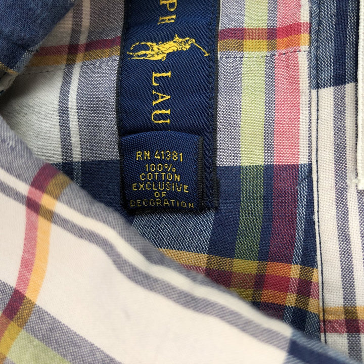 Ralph Lauren Madras check short-sleeved button-down check shirt, men's size L (approx.) cotton navy blue type Vintage Second Hand
