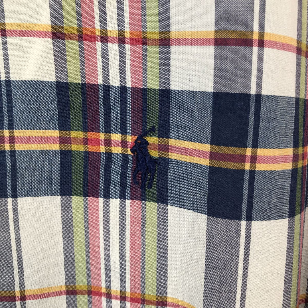 Ralph Lauren Madras check short-sleeved button-down check shirt, men's size L (approx.) cotton navy blue type Vintage Second Hand