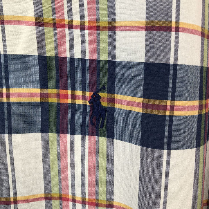 Ralph Lauren Madras check short-sleeved button-down check shirt, men's size L (approx.) cotton navy blue type Vintage Second Hand