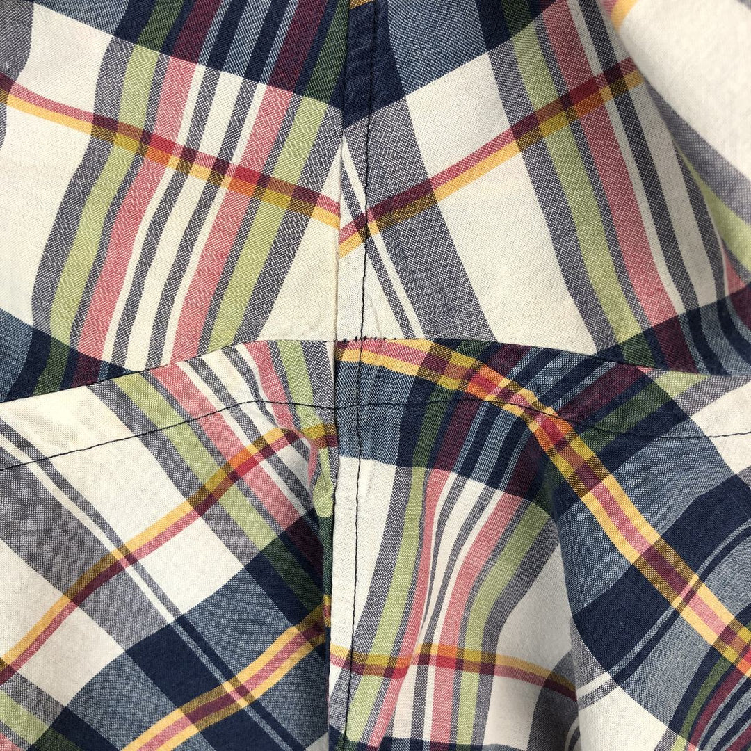 Ralph Lauren Madras check short-sleeved button-down check shirt, men's size L (approx.) cotton navy blue type Vintage Second Hand
