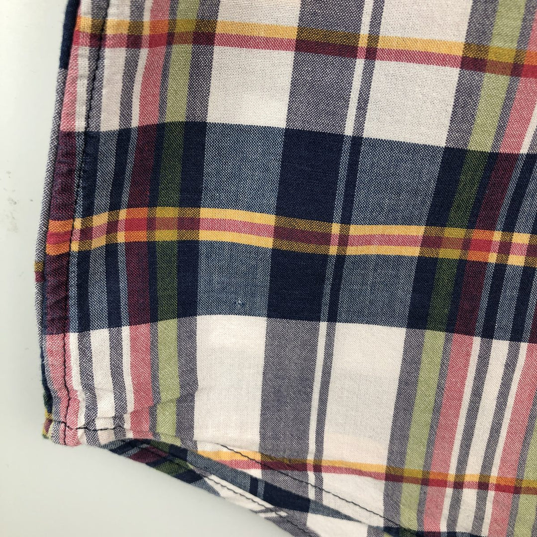 Ralph Lauren Madras check short-sleeved button-down check shirt, men's size L (approx.) cotton navy blue type Vintage Second Hand